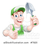 Vector Illustration of a Happy Middle Aged Brunette Caucasian Male Gardener in Green, Giving a Thumb up and Holding a Shovel by AtStockIllustration