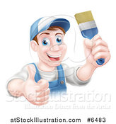 Vector Illustration of a Happy Middle Aged Brunette Caucasian Male House Painter Holding a Brush and a Thumb up by AtStockIllustration