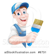 Vector Illustration of a Happy Middle Aged Brunette Caucasian Male House Painter Holding a Brush Around a Sign by AtStockIllustration