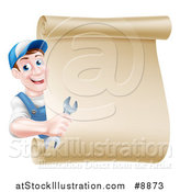 Vector Illustration of a Happy Middle Aged Brunette Caucasian Mechanic Man in Blue, Holding a Wrench and Looking Around a Blank Scroll Sign by AtStockIllustration