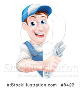 Vector Illustration of a Happy Middle Aged Brunette Caucasian Mechanic Man in Blue, Wearing a Baseball Cap, Holding an Adjustable Wrench Around a Sign by AtStockIllustration