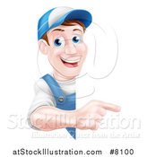 Vector Illustration of a Happy Middle Aged Brunette Caucasian Mechanic Man in Blue, Wearing a Baseball Cap, Pointing Around a Sign by AtStockIllustration