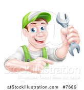 Vector Illustration of a Happy Middle Aged Brunette Caucasian Mechanic Man in Green, Wearing a Baseball Cap, Holding a Wrench and Pointing by AtStockIllustration