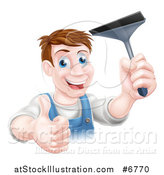 Vector Illustration of a Happy Middle Aged Brunette Caucasian Window Cleaner Man Giving a Thumb up and Holding a Squeegee by AtStockIllustration