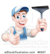 Vector Illustration of a Happy Middle Aged Brunette Caucasian Window Cleaner Man Holding a Squeegee and a Thumb up by AtStockIllustration