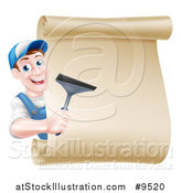 Vector Illustration of a Happy Middle Aged Brunette Caucasian Window Cleaner Man in Blue, Holding a Squeegee Around a Scroll Sign by AtStockIllustration