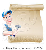 Vector Illustration of a Happy Middle Aged Brunette Caucasian Worker Man Wearing a Baseball Cap, Holding a Hammer and Looking Around a Scroll Sign by AtStockIllustration