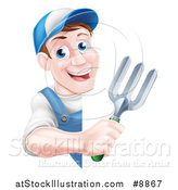 Vector Illustration of a Happy Middle Aged Brunette White Male Gardener in Blue, Holding a Garden Fork Around a Sign by AtStockIllustration