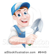 Vector Illustration of a Happy Middle Aged Brunette White Male Gardener in Blue, Holding a Shovel Around a Sign by AtStockIllustration