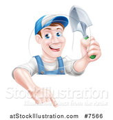 Vector Illustration of a Happy Middle Aged Brunette White Male Gardener in Blue, Holding up a Shovel and Pointing down over a Sign by AtStockIllustration