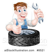 Vector Illustration of a Happy Middle Aged Brunette White Mechanic Man Holding a Wrench and Thumb up over a Tire by AtStockIllustration