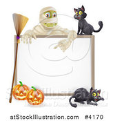 Vector Illustration of a Happy Mummy and a Black Cat over a Halloween Sign with a Broomstick and Pumpkins by AtStockIllustration