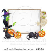 Vector Illustration of a Happy Mummy Witch Pumpkins and Black Cats Around a Blank Sign by AtStockIllustration