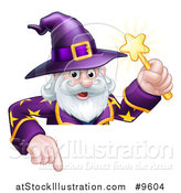 Vector Illustration of a Happy Old Bearded Wizard Holding a Magic Wand and Pointing down over a Sign by AtStockIllustration