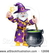 Vector Illustration of a Happy Old Bearded Wizard Mixing a Potion and Holding a Wand by AtStockIllustration