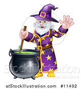 Vector Illustration of a Happy Old Bearded Wizard Mixing a Potion and Waving by AtStockIllustration