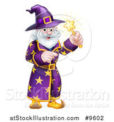 Vector Illustration of a Happy Old Bearded Wizard Pointing and Holding up a Magic Wand by AtStockIllustration
