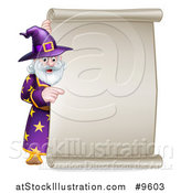 Vector Illustration of a Happy Old Bearded Wizard Pointing Around a Scroll Sign by AtStockIllustration
