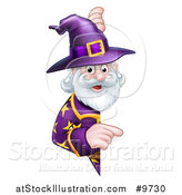 Vector Illustration of a Happy Old Bearded Wizard Pointing Around a Sign by AtStockIllustration