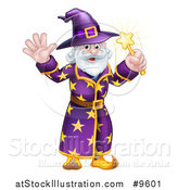 Vector Illustration of a Happy Old Bearded Wizard Waving and Holding up a Magic Wand by AtStockIllustration