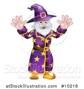 Vector Illustration of a Happy Old Bearded Wizard Waving with Both Hands by AtStockIllustration