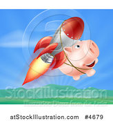 Vector Illustration of a Happy Pig Flying with a Rocket over a Valley by AtStockIllustration
