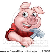 Vector Illustration of a Happy Pig Mascot Carpenter Holding a Hammer by AtStockIllustration