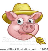Vector Illustration of a Happy Pig Mascot Face Wearing a Straw Hat and Chewing on Straw by AtStockIllustration