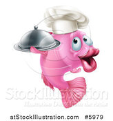 Vector Illustration of a Happy Pink Chef Fish Holding a Cloche Platter by AtStockIllustration