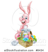 Vector Illustration of a Happy Pink Easter Bunny Rabbit with a Basket of Eggs and Flowers by AtStockIllustration