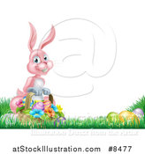 Vector Illustration of a Happy Pink Easter Bunny with a Basket of Eggs and Flowers in the Grass, with White Text Space by AtStockIllustration
