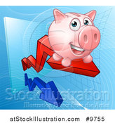 Vector Illustration of a Happy Pink Piggy Bank Riding a Growth Stock Market Arrow by AtStockIllustration