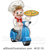 Vector Illustration of a Happy Pizza Delivery Chef Holding up a Pie on a Scooter by AtStockIllustration