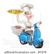 Vector Illustration of a Happy Pizza Delivery Chef with a Curling Mustache, Holding up a Pie on a Scooter by AtStockIllustration