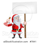 Vector Illustration of a Happy Plumber Christmas Santa Claus Holding a Plunger and Blank Sign by AtStockIllustration