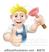 Vector Illustration of a Happy Plumber Holding a Plunger and a Thumb up by AtStockIllustration