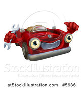 Vector Illustration of a Happy Red Car Character Mechanic Holding a Wrench and Thumb up by AtStockIllustration