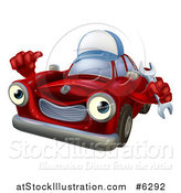 Vector Illustration of a Happy Red Car Character Wearing a Hat, Holding a Wrench and Thumb up by AtStockIllustration