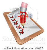 Vector Illustration of a Happy Red Pencil Mascot Holding Two Thumb up on a Check List Clipboard by AtStockIllustration