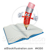 Vector Illustration of a Happy Red Pencil Mascot Holding Two Thumbs up on a Notebook by AtStockIllustration