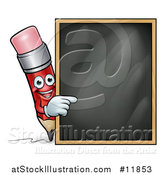 Vector Illustration of a Happy Red Writing Pencil Pointing to a Black Board by AtStockIllustration