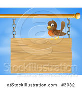 Vector Illustration of a Happy Robin Bird Perched on a Wood Sign Against the Sky by AtStockIllustration