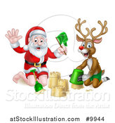 Vector Illustration of a Happy Rudolph Red Nosed Reindeer and Santa Making a Sand Castle by AtStockIllustration