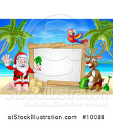 Vector Illustration of a Happy Rudolph Red Nosed Reindeer and Santa Making Sand Castles on a Tropical Beach by a Blank Sign with a Parrot by AtStockIllustration