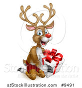 Vector Illustration of a Happy Rudolph Red Nosed Reindeer Kneeling and Holding a Gift by AtStockIllustration