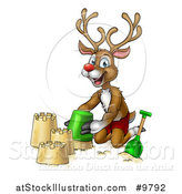 Vector Illustration of a Happy Rudolph Red Nosed Reindeer Making a Sand Castle by AtStockIllustration