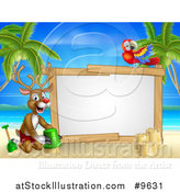 Vector Illustration of a Happy Rudolph Red Nosed Reindeer Making a Sand Castle on a Tropical Beach by a Blank Sign with a Parrot by AtStockIllustration