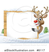 Vector Illustration of a Happy Rudolph Red Nosed Reindeer Pointing Around a Blank Sign in the Snow by AtStockIllustration