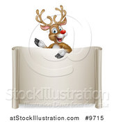 Vector Illustration of a Happy Rudolph Red Nosed Reindeer Waving over a Blank Scroll Sign by AtStockIllustration