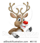 Vector Illustration of a Happy Rudolph Red Nosed Reindeer Waving over a Sign by AtStockIllustration